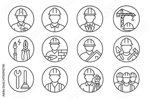 Construction Roles Icons. Line style round icons of construction workers & roles: architect badge, site engineer, project manager,