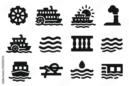 Paddleboat Icons at Sunset. Solid style icons of Paddleboat: paddle wheel, flowing river, upper deck, sunset cruise, steam chimney