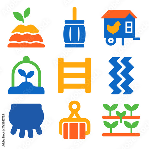 Modern Farm Icons. Flat vector icons of farm glyph: compost layering icon, milk churning barrel, mobile chicken tractor. Seedling