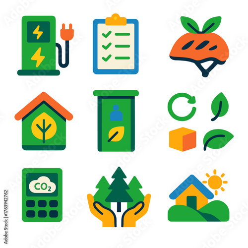 Eco Travel Icons. Flat vector icons of sustainable travel and eco tourism: electric charging station, sustainable itinerary