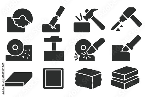 Stone Tool Icons. Solid style icons of Cutting and Shaping: stone saw, chisel tool, hammer strike, carving drill, stone polishing