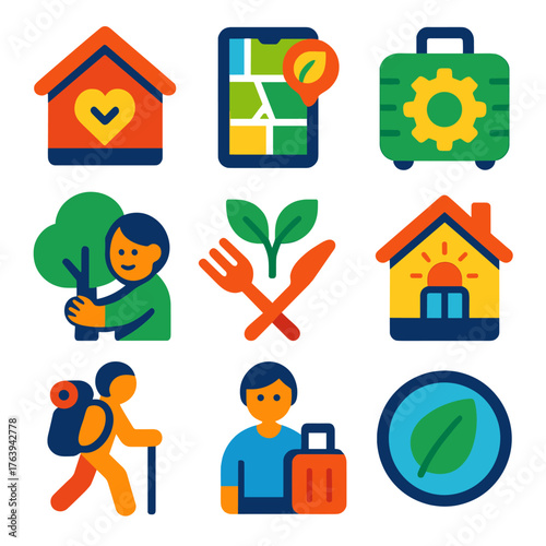Sustainable Travel Icons. Flat vector icons of sustainable travel and eco tourism: locally owned stay badge, digital map with eco