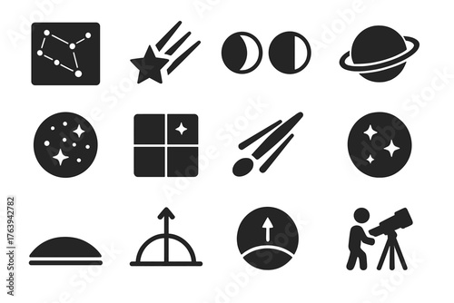 Night Sky Icons. Solid style icons of Night sky observation: constellation map, shooting star, moon phase, visible planet, deep