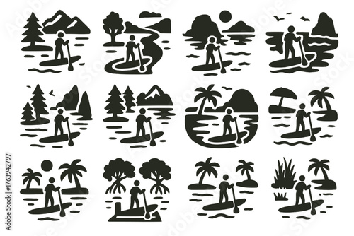 Scenic Paddleboarding Icons. Solid style icons of Scenic paddleboarding locations: lake view, river bend, coastal bay, ocean cove,
