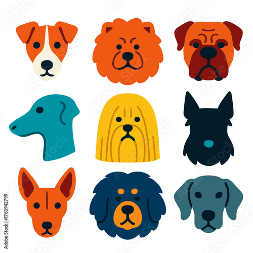 Vibrant Dog Breed Icons. Flat vector icons of dog breeds heads: Jack Russell Terrier with perky ears, Chow Chow with lion mane,