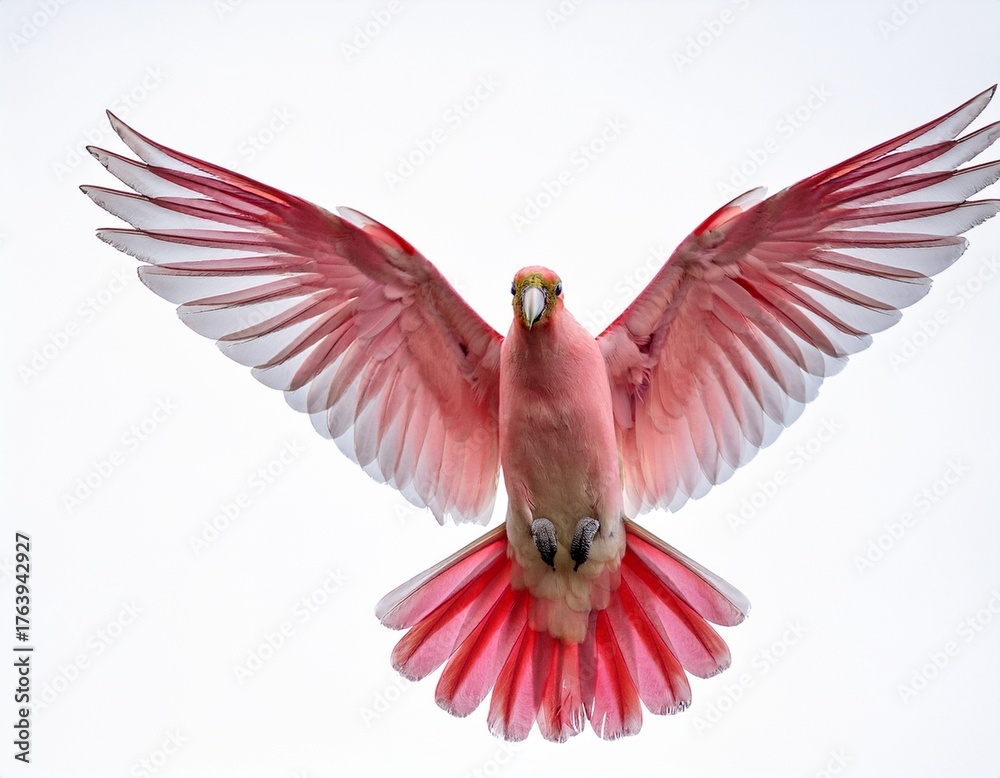 Obraz premium pink bird flying with wide open wings on white background