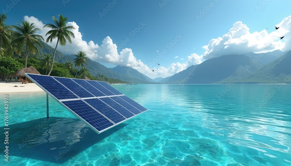 Fototapeta premium Solar panel installed offshore on tropical island. Renewable energy system floats in turquoise ocean water near sandy beach, palm trees, mountains. Clean energy solution for remote paradise vacation