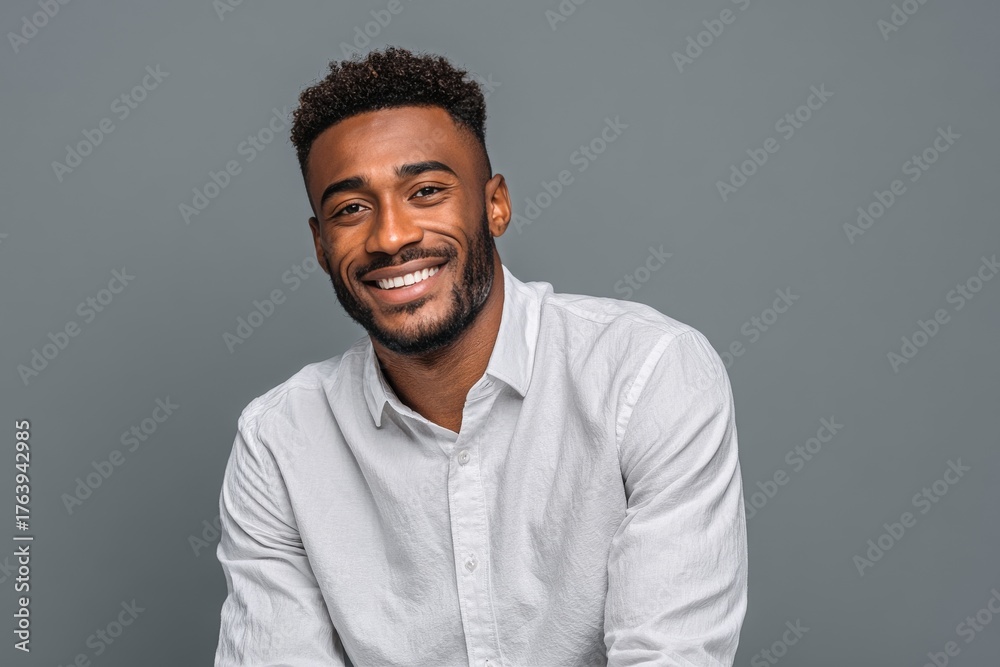 Obraz premium Smiling Man in a Light Shirt Poses Against a Neutral Background During a Photography Session