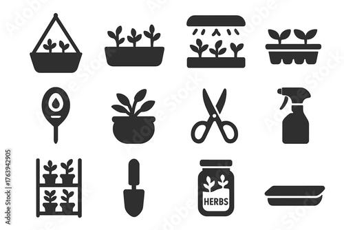 Indoor Herb Garden Icons. Solid style icons of Indoor Herb Garden: hanging planter, windowsill pot, grow light, seed tray,