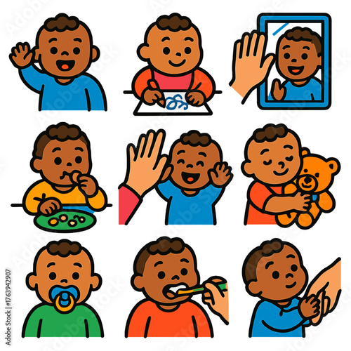Bright Baby Milestone Icons. Flat vector icons of parenting and baby milestones: baby waving hand, first drawing scribbles, baby