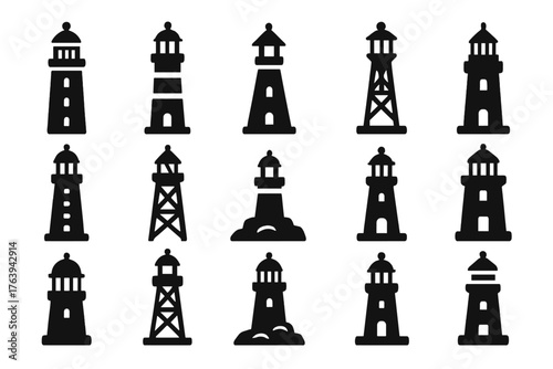 Historic Lighthouse Icons. Solid style icons of Historic lighthouse designs: stone tower, red stripe tower, white conical light,