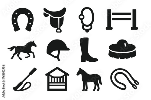 Equestrian Icon Set. Solid style icons of Equestrian: horseshoe, riding saddle, horse bridle, show jump, galloping horse, rider