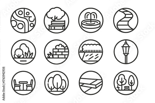 Landscape Architecture Icons. Line style round icons of landscape architecture: garden layout, bench under tree, water feature,