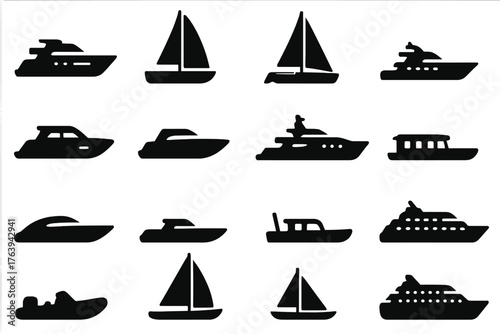 Yacht Icons Collection. Solid style icons of Yacht types and silhouettes: motor yacht, sailing yacht, catamaran, cruiser, dayboat,