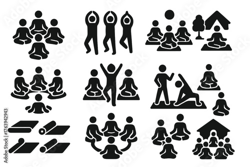 Group Yoga Session. Solid style icons of Group Yoga: people in circle, group stretching, outdoor yoga, retreat session,