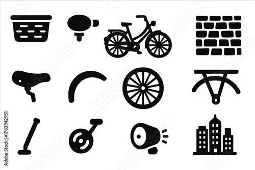 Vintage Bicycle Icons. Solid style icons of Vintage Bicycle: woven basket, handlebar bell, classic frame, cobblestone street,