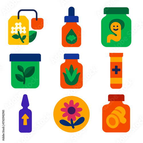 Bright Health Icons. Flat vector icons of health supplements and natural remedies: elderflower cold tea mix, ginkgo smart drops,