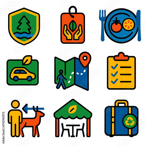 Eco Travel Icons. Flat vector icons of sustainable travel and eco tourism: nature protection badge, fair-trade goods label, local
