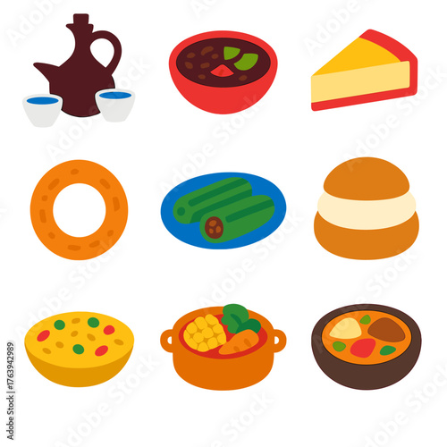 World Cuisine Icons. Flat vector icons of international cuisine and world foods: Ethiopian coffee pot with cups, Cuban black bean