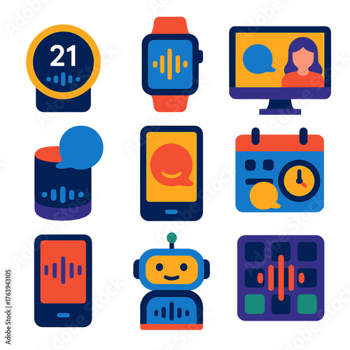 Smart Voice Icons. Flat vector icons of voice assistants and smart interfaces: smart thermostat with voice input, wearable voice