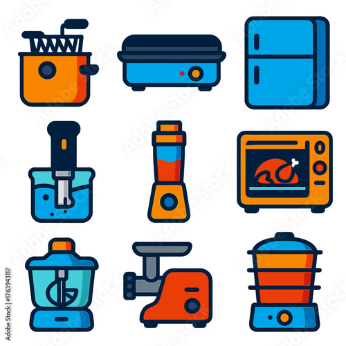 Flat Kitchen Appliance Icons. Flat vector icons of kitchen appliances: deep fryer, electric griddle, mini fridge. Sous vide device