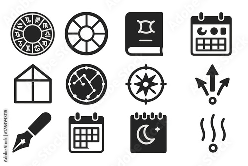 Horoscope Tools Icons. Solid style icons of Horoscope Tools: zodiac chart, natal wheel, ephemeris book, planetary calendar, house