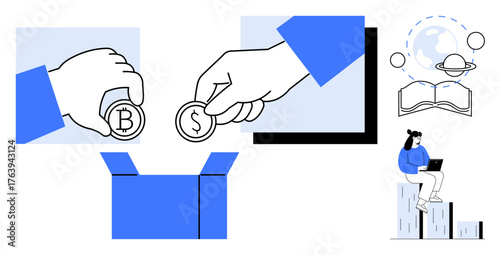 Hands placing Bitcoin and dollar coins into a box symbolizing investment. Open book, planets, and working woman on laptop suggest knowledge, technology, global finance. Ideal for business, education
