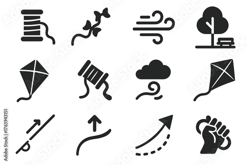 Kite Flying Essentials. Solid style icons of Kite flying essentials: string, tail, wind, park, kite frame, spool reel, sky swirl,