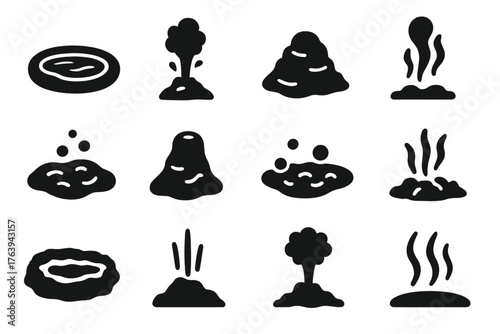 Geyser Icon Series. Solid style icons of Geyser: hot spring pool, water eruption, mineral deposit, rising steam, boiling surface,