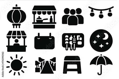 Night Market Icons. Solid style icons of Night market essentials: lantern, food stall, crowd, string lights, vendor booth, hanging