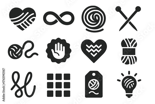 Knitting Symbol Icons. Solid style icons of Knitting symbols and icons: heart with yarn, infinity thread, yarn swirl, needles
