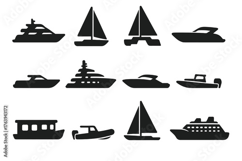 Yacht Icons Collection. Solid style icons of Yacht types and silhouettes: motor yacht, sailing yacht, catamaran, cruiser, dayboat,