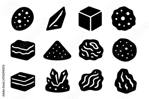 Volcanic Rock Icons. Solid style icons of Volcanic rock and material: pumice stone, obsidian shard, basalt block, scoria chunk,