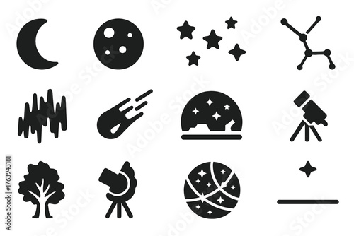 Night Sky Icons. Solid style icons of Night sky features: crescent moon, full moon, starry sky, zodiac constellation, aurora