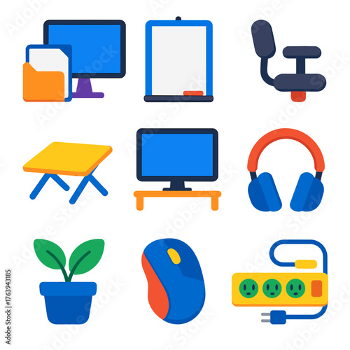 Home Office Icons. Flat vector icons of home office ergonomics and setup: document holder next to screen, wall-mounted whiteboard,