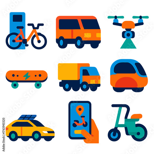 Future Mobility Icons. Flat vector icons of future mobility: community e-bike share station, modular EV van for cities, compact