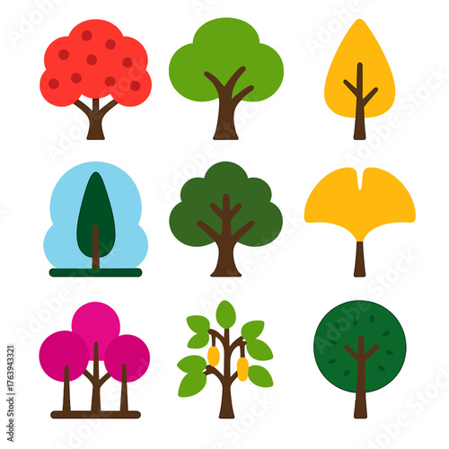 Colorful Tree Icons. Flat vector icons of deciduous trees: vibrant cherry with branch dots, smooth-limbed walnut, golden catalpa