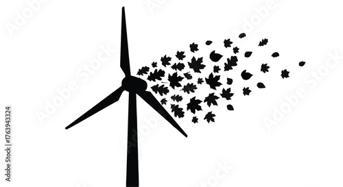 Wind turbine transforming into scattering leaves, symbolizing renewable energy and nature's cycle.