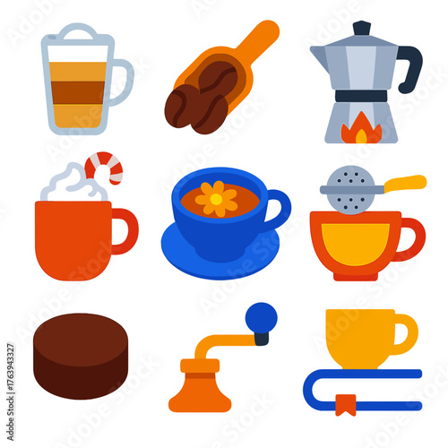 Flat Coffee Icons. Flat vector icons of coffee and hot beverages: latte in clear glass with gradient layers, coffee bean scoop,
