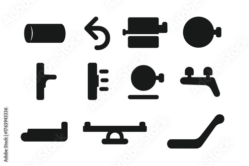 Vintage Typewriter Icons. Solid style icons of Carriage and Platen: platen roller, carriage return lever, sliding carriage, paper