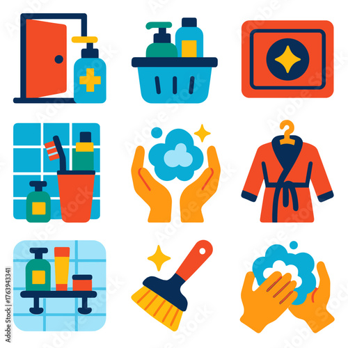 Hygiene Icons Collection. Flat vector icons of home hygiene and sanitation: sanitizer near doorway, hygiene basket with toiletries