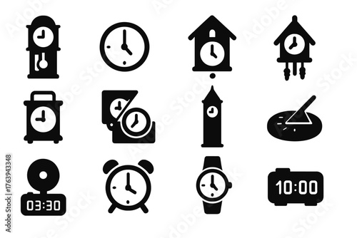 Traditional Timepiece Icons. Solid style icons of Traditional timepieces: grandfather clock, wall clock, mantel clock, cuckoo