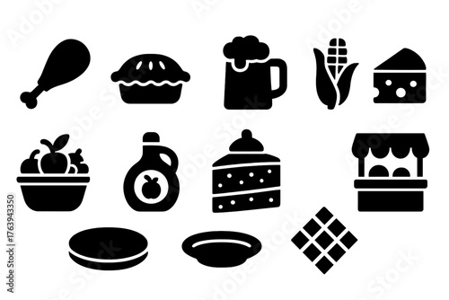 Renaissance Feast Icons. Solid style icons of Renaissance Food: turkey leg, meat pie, bread loaf, tankard of ale, roasted corn,