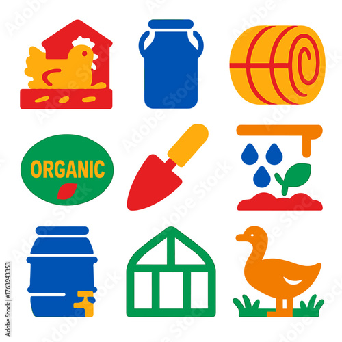 Modern Farm Icons. Flat vector icons of farm glyph: hen nesting in coop, milk pail glyph, bale of straw icon. Organic label badge,