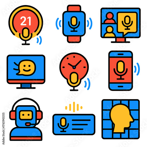 Smart Voice Icons. Flat vector icons of voice assistants and smart interfaces: smart thermostat with voice input, wearable voice