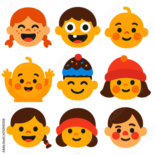 Playful Children Icons. Flat vector icons of children faces: girl with freckles and open mouth laugh, boy with missing teeth and