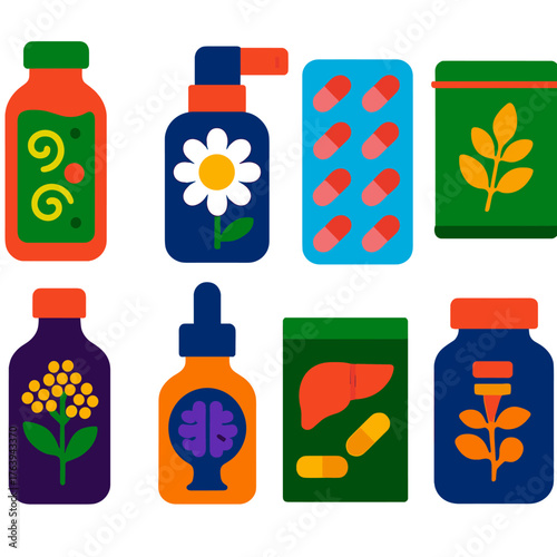 Vibrant Supplement Icons. Flat vector icons of health supplements and natural remedies: detoxifying juice blend, chamomile sleep