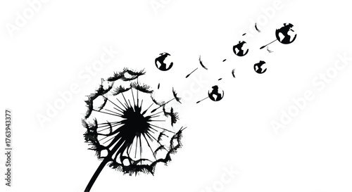 Dandelion seeds transform into miniature globes, symbolizing global growth and new beginnings.