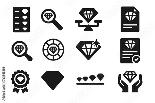Diamond Grading Icons. Solid style icons of Diamond Grading: color chart, clarity loop, carat scale, certificate paper, grading