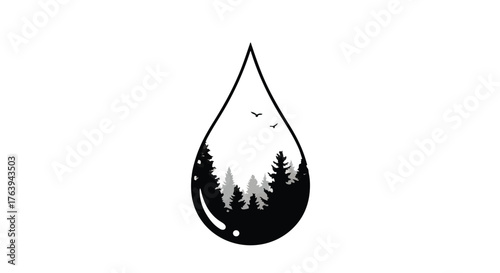 Serene forest landscape reflected within a droplet of water, symbolizing nature's purity
